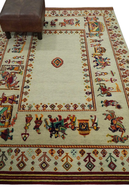 Hand Woven Ivory and Beige Indian wedding design Soumak Handspun Wool area rug, 5x7 |KNT42