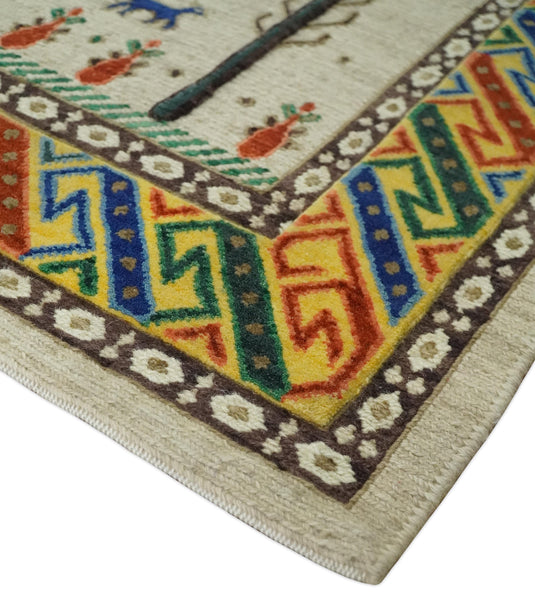 Hand Woven Beige and Blue Tribal art Soumak Handspun Wool area rug, 5x7 |KNT44