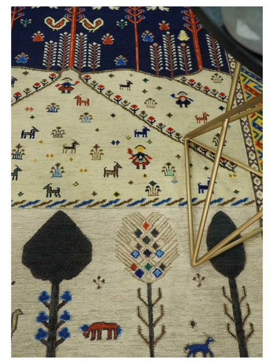 Hand Woven Beige and Blue Tribal art Soumak Handspun Wool area rug, 5x7 |KNT44