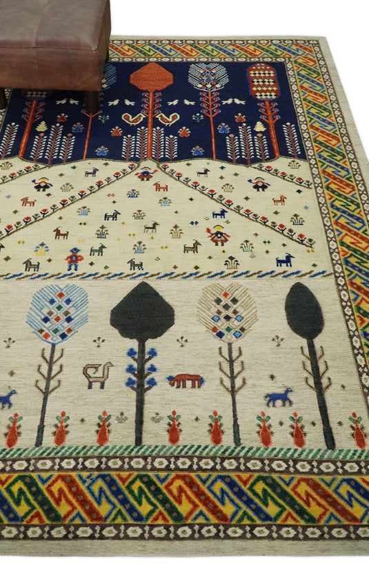 Hand Woven Beige and Blue Tribal art Soumak Handspun Wool area rug, 5x7 |KNT44