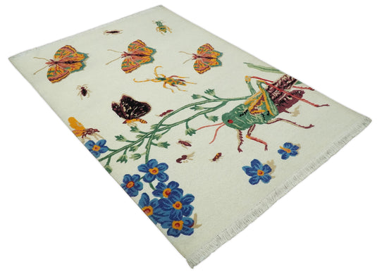 Handknotted Soumak Ivory with Multicoloured Butterfly, flowers garden design Wool area rug, 5x7 |KNT48