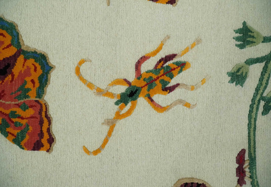 Handknotted Soumak Ivory with Multicoloured Butterfly, flowers garden design Wool area rug, 5x7 |KNT48