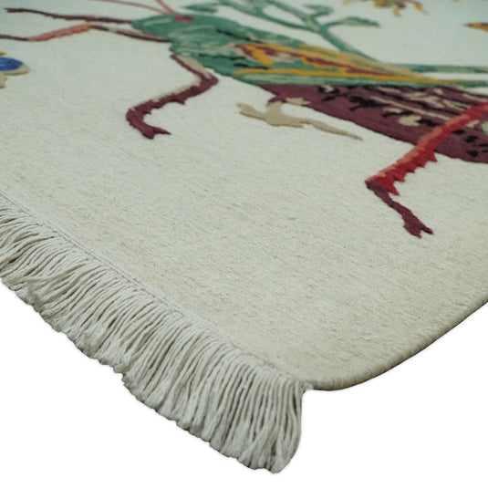 Handknotted Soumak Ivory with Multicoloured Butterfly, flowers garden design Wool area rug, 5x7 |KNT48