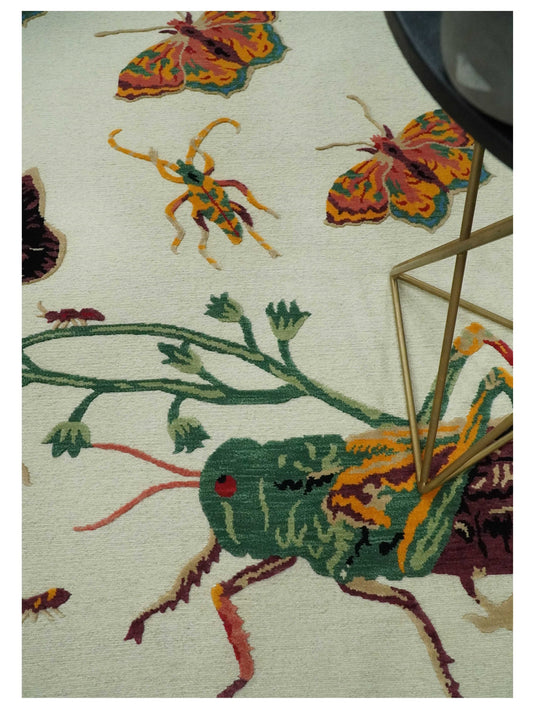 Handknotted Soumak Ivory with Multicoloured Butterfly, flowers garden design Wool area rug, 5x7 |KNT48