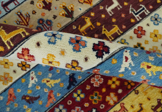 Handknotted Soumak Multicolored animal design Wool area rug, 5x7 |KNT49