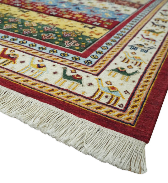 Handknotted Soumak Multicolored animal design Wool area rug, 5x7 |KNT49