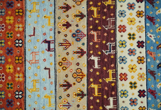 Handknotted Soumak Multicolored animal design Wool area rug, 5x7 |KNT49