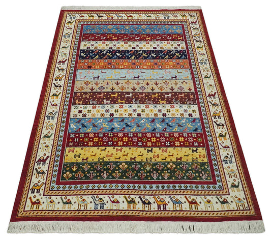 Handknotted Soumak Multicolored animal design Wool area rug, 5x7 |KNT49