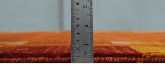 Handknotted Solid with Border Soumak Maroon,Gold and Beige Wool area rug, 5x7 |KNT50