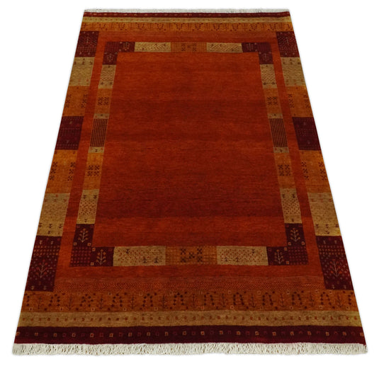 Handknotted Solid with Border Soumak Maroon,Gold and Beige Wool area rug, 5x7 |KNT50
