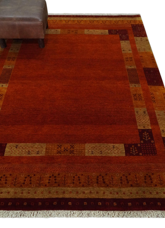 Handknotted Solid with Border Soumak Maroon,Gold and Beige Wool area rug, 5x7 |KNT50