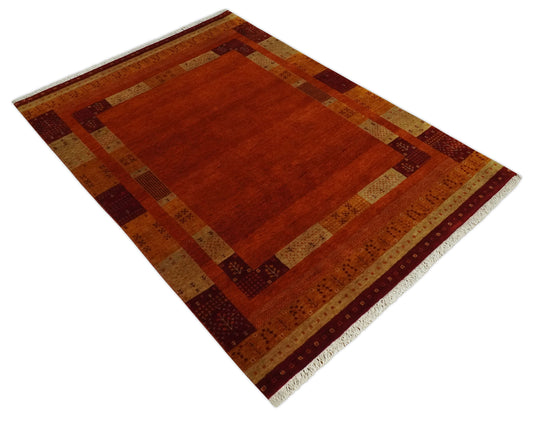Handknotted Solid with Border Soumak Maroon,Gold and Beige Wool area rug, 5x7 |KNT50