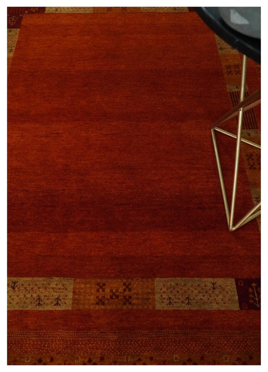 Handknotted Solid with Border Soumak Maroon,Gold and Beige Wool area rug, 5x7 |KNT50