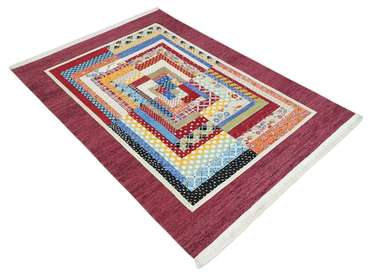 Handknotted Soumak Multicolored Artistic Modern Wool area rug, 5x7 |KNT52