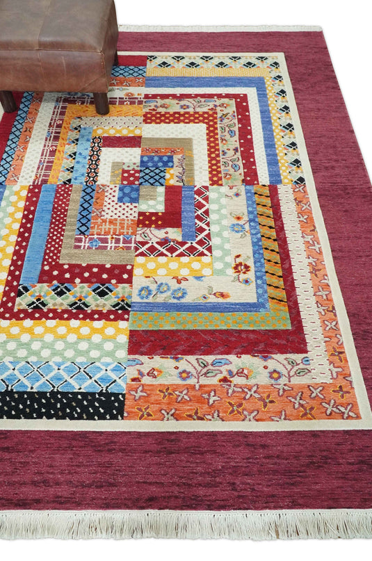 Handknotted Soumak Multicolored Artistic Modern Wool area rug, 5x7 |KNT52