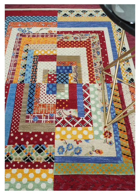Handknotted Soumak Multicolored Artistic Modern Wool area rug, 5x7 |KNT52
