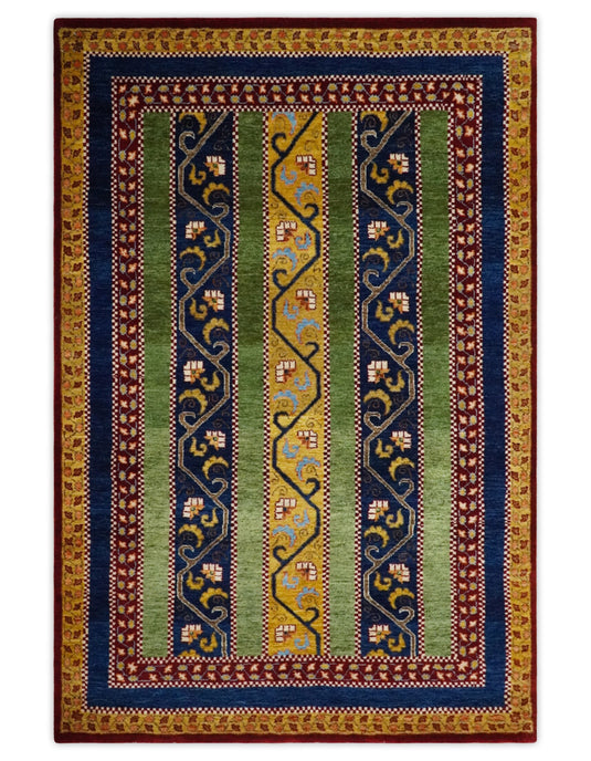 Handknotted Soumak Green, Gold and Blue Striped Wool area rug, 4x6 |KNT54