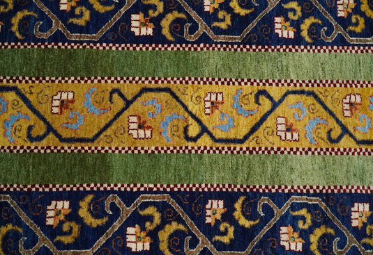 Handknotted Soumak Green, Gold and Blue Striped Wool area rug, 4x6 |KNT54