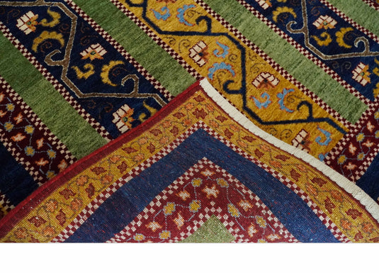 Handknotted Soumak Green, Gold and Blue Striped Wool area rug, 4x6 |KNT54