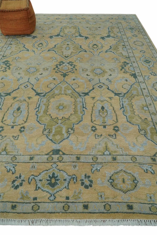 Hand Knotted Beige and Blue Traditional Antique Oushak wool area rug| CP1085912