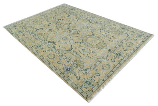 Hand Knotted Beige and Blue Traditional Antique Oushak wool area rug| CP1085912