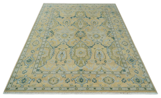 Hand Knotted Beige and Blue Traditional Antique Oushak wool area rug| CP1085912