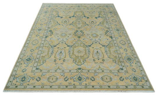Hand Knotted Beige and Blue Traditional Antique Oushak wool area rug| CP1085912