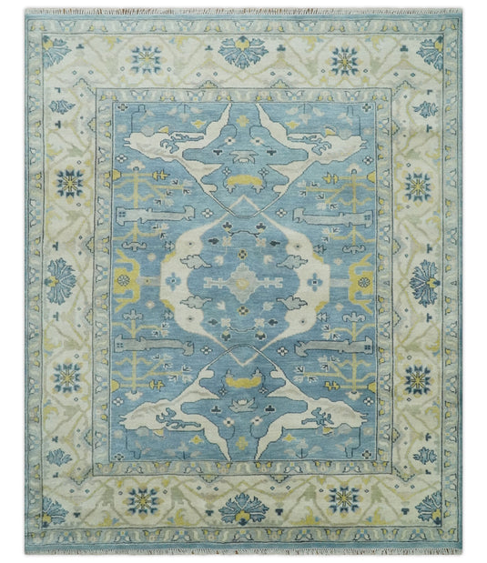 Hand Knotted Vintage Oriental Blue, Ivory and Beige Oushak Wool Area Rug | CP1100810