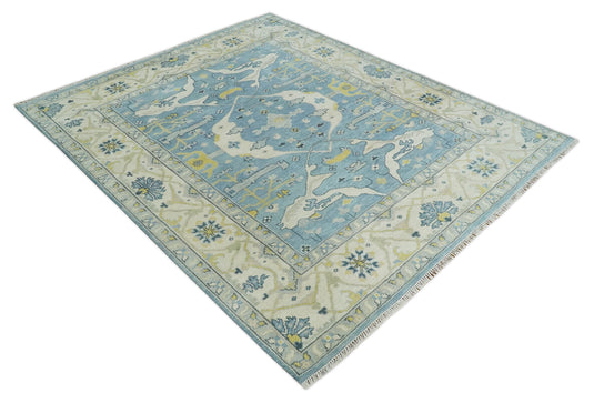 Hand Knotted Vintage Oriental Blue, Ivory and Beige Oushak Wool Area Rug | CP1100810