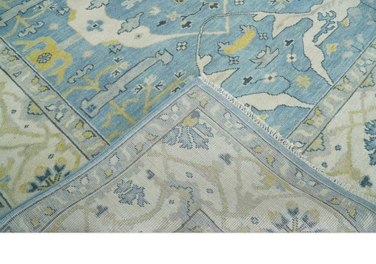 Hand Knotted Vintage Oriental Blue, Ivory and Beige Oushak Wool Area Rug | CP1100810