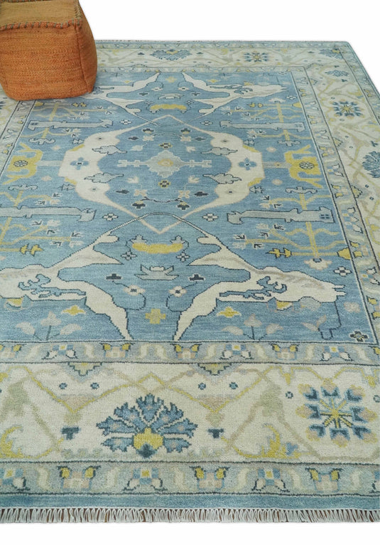 Hand Knotted Vintage Oriental Blue, Ivory and Beige Oushak Wool Area Rug | CP1100810