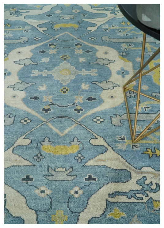 Hand Knotted Vintage Oriental Blue, Ivory and Beige Oushak Wool Area Rug | CP1100810