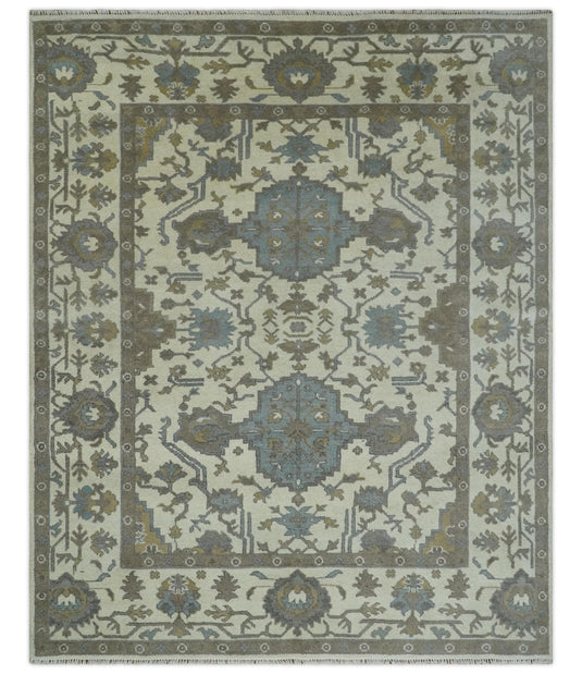 Traditional 8x10 Ivory and Brown Hand Knotted Oushak Wool Area Rug