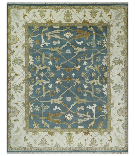 8x10 Blue, Ivory and Beige Hand Knotted Oriental Oushak Wool Area Rug