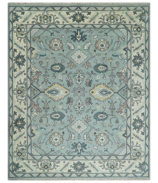 Oriental 8x10 Hand Knotted Blue And Ivory tradtional Antique Oushak Wool Area Rug