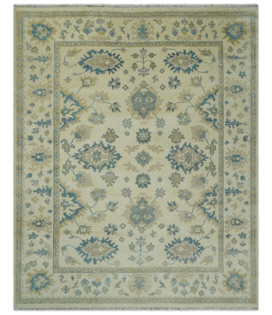 7.9x9.11 Beige and Gray Hand Knotted Oushak Wool Area Rug