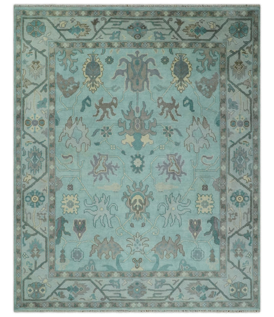 Oriental 8x10 Hand Knotted Aqua and Silver Oushak traditional Wool Area Rug