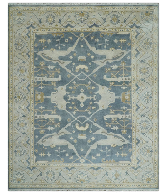 Traditional 8x9 Hand Knotted Gray, Ivory and Beige Oriental Oushak Wool Area Rug