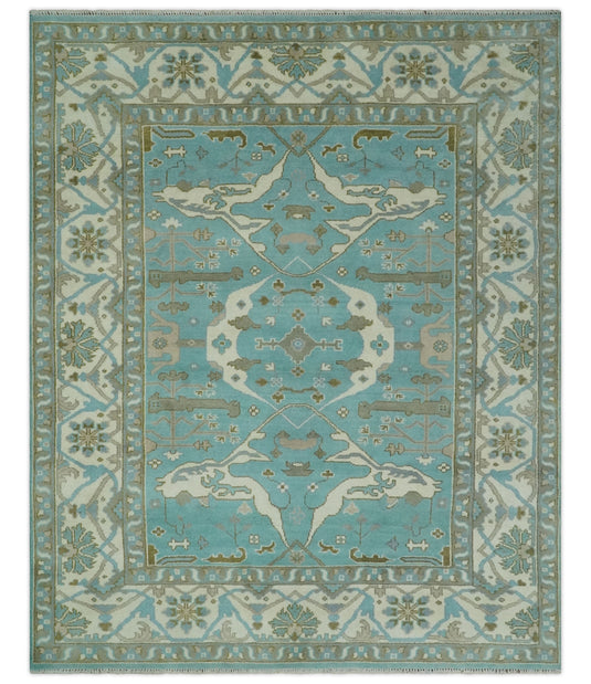 8x10 Aqua, Ivory and Charcoal Hand Knotted Oriental Oushak Wool Area Rug