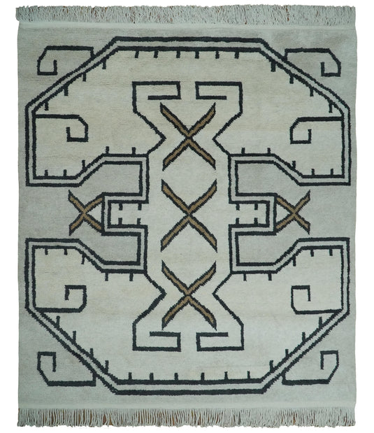 Farmhouse Tribal Pattern Ivory and Charcoal 8x10 Hand Knotted Antique South Western Area Rug