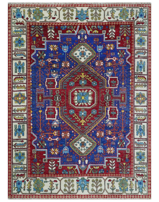 Hand knotted Maroon, Electric Blue and Ivory Multi Size Traditional Heriz Serapi wool area rug | CP1318