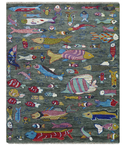 Modern Fish Life Multi Size Hand knotted Gray Wool Area Rug | CP1333