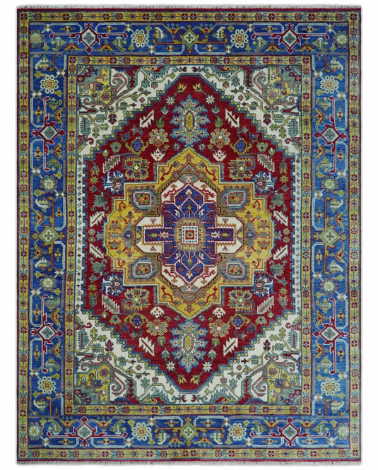 Multi Size Traditional Heriz Serapi Ivory, Gold and Electric Blue wool Area Rug