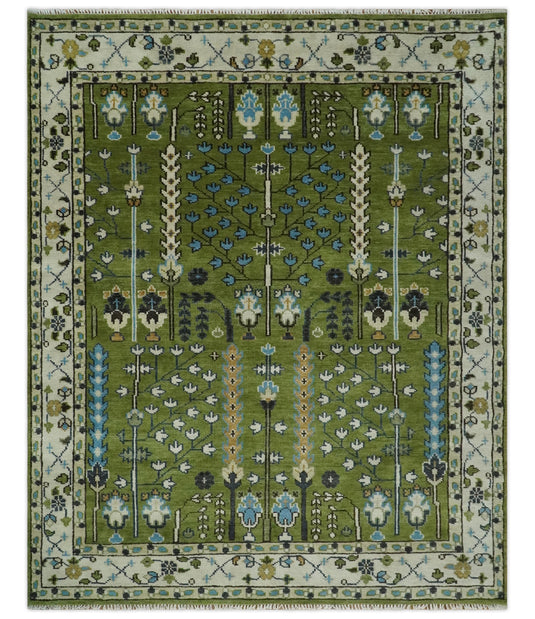Green and White, Tree of Life Vintage Persian Hand Knotted, Antique Turkish 8x10 Wool Rug, Living Room | CP1617810S