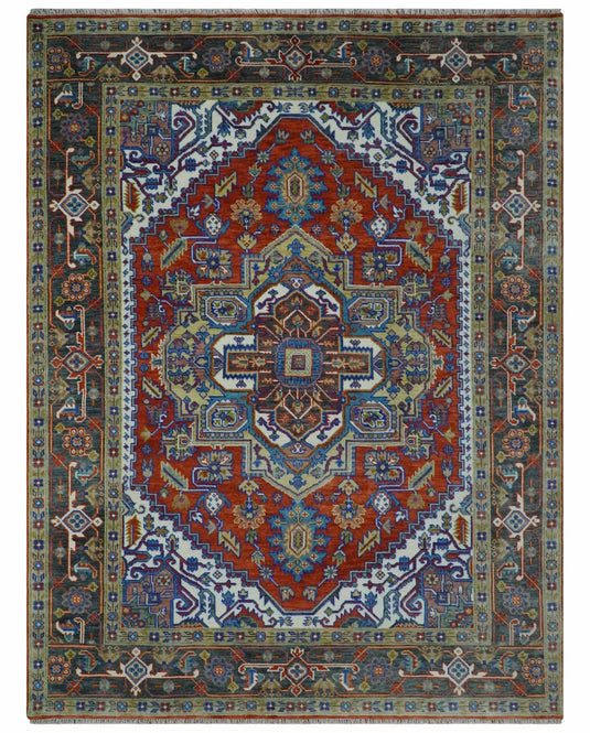 HandKnotted Heriz Serapi Rug Rust, Ivory and Brown Ideal for Living, Bedroom, and Dining Room Wool Rug