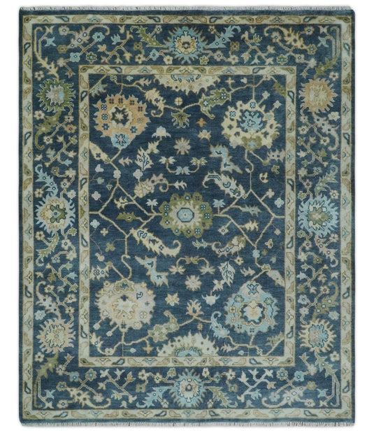 Hand Knotted Traditional Oushak Rug Blue and Beige Multi Size Ideal for Living, Bedroom, and Dining Rooms |