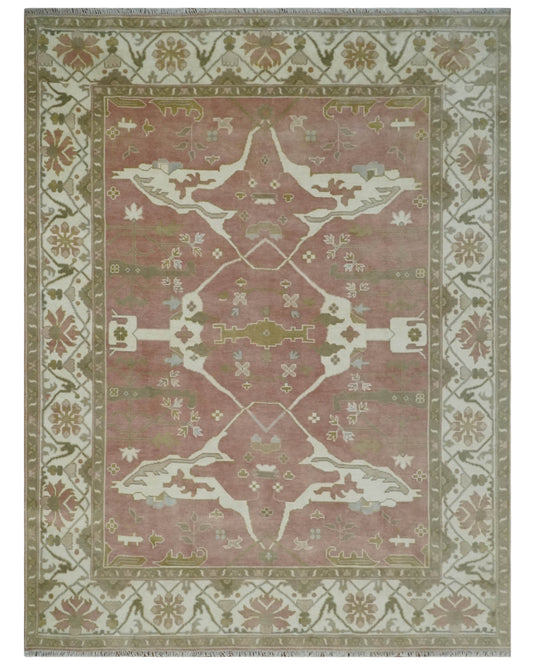 Vintage look Hand knotted Peach, Ivory and Olive 8x10 and 9x12 Oriental Oushak wool Area Rug