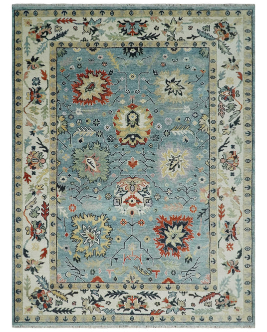 Vibrant Colorful Blue and Ivory Traditional Floral Hand knotted Oushak wool Area Rug