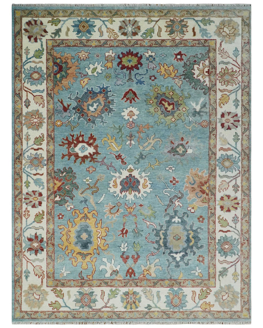 Vibrant Colorful Light Blue and Ivory Traditional Floral Hand knotted Oushak wool Area Rug