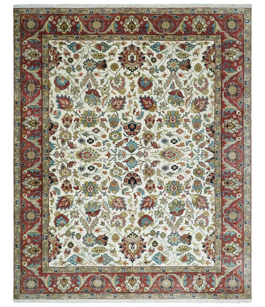 Beautiful Premium look Hand knotted Ivory and Red 8x10 wool Area Rug